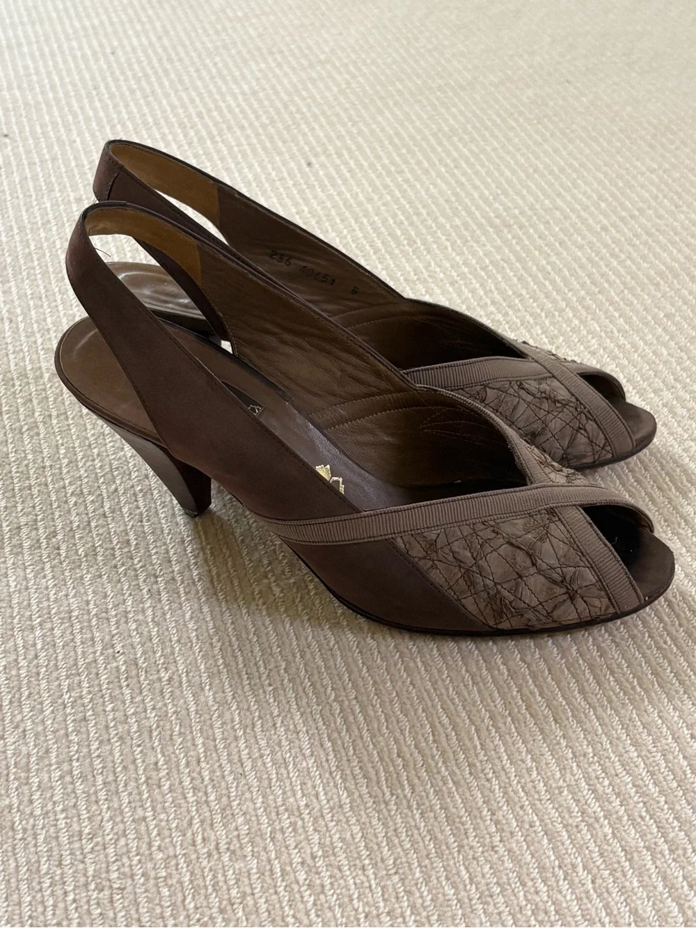 Farrutx Taupe Brown Slingback Peep-Toe Textured Heels